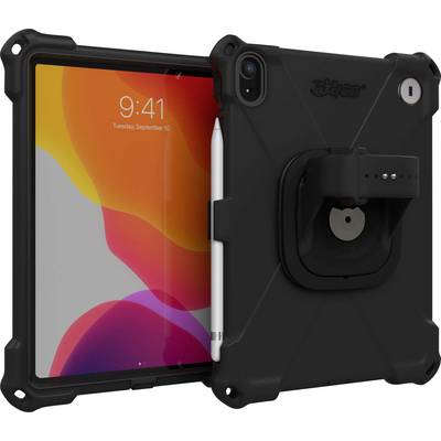 Ein schwarzes, robustes Tablet-Gehäuse mit verstärkten Ecken, das ein Tablet mit buntem Startbildschirm hält. Ein Eingabestift ist seitlich angebracht.