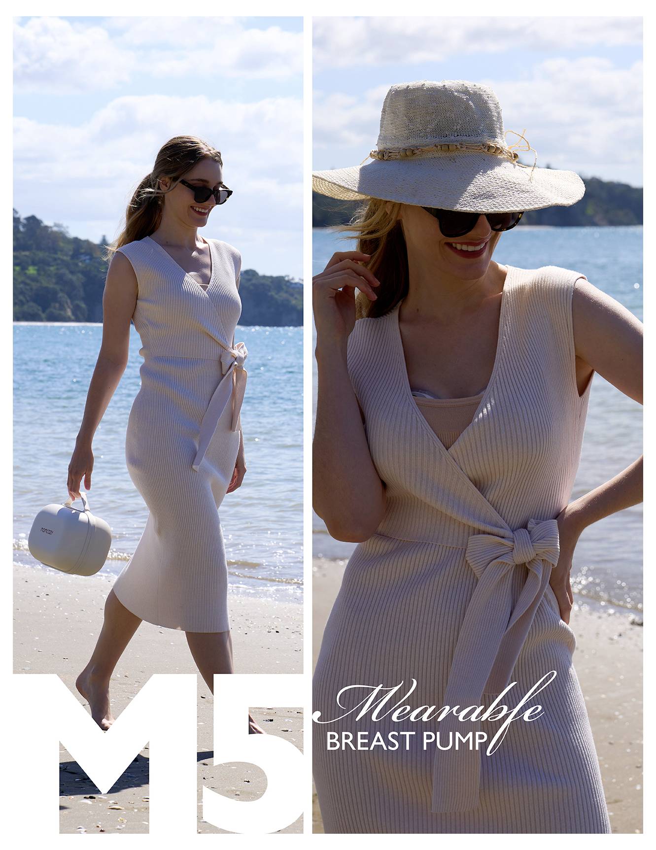 Eine Frau in einem hellen Kleid und Sonnenhut, die an einem Strand entlang läuft und eine kleine Tasche trägt, präsentiert eine tragbare Milchpumpe mit natürlicher Eleganz.