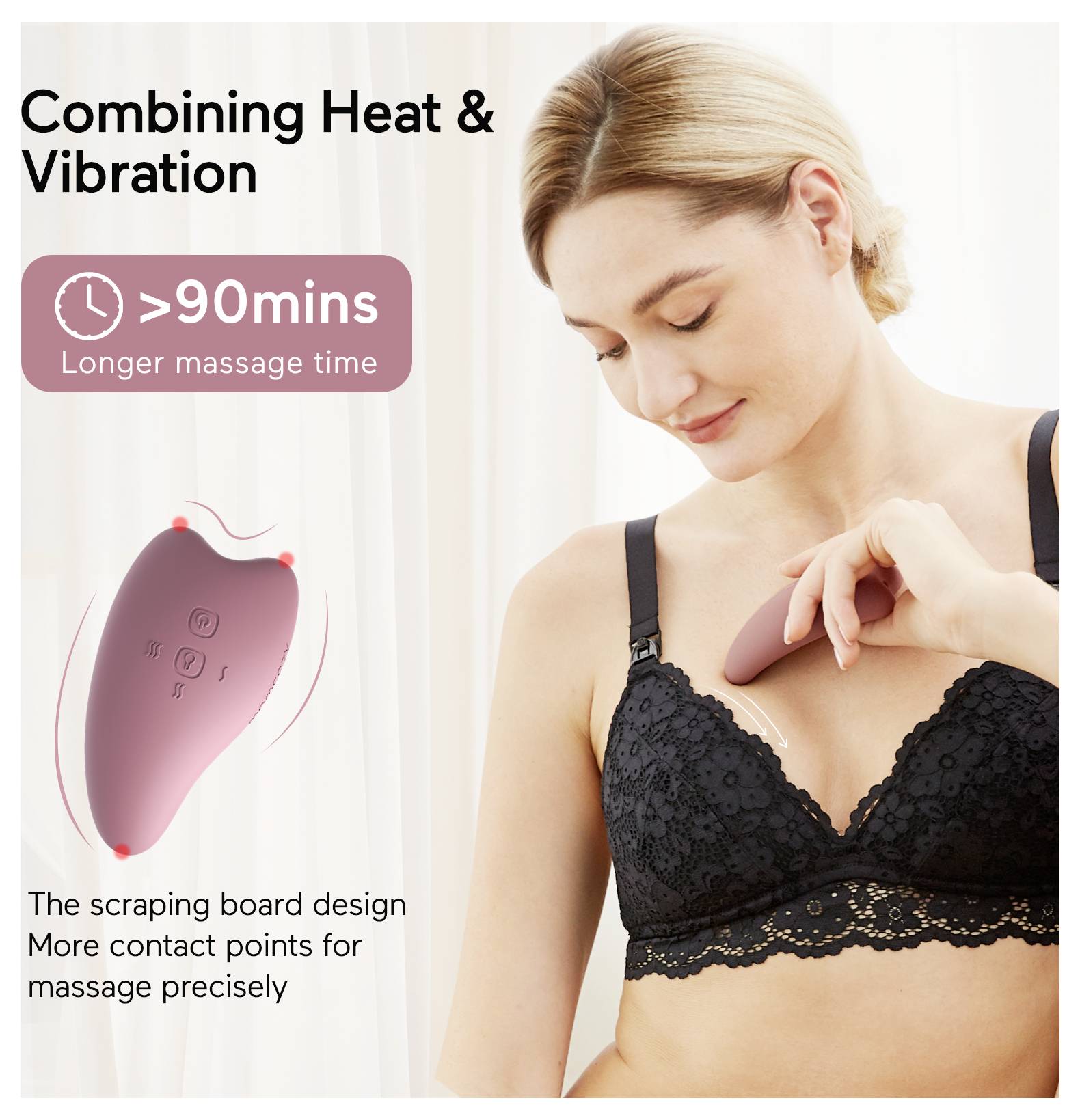 Eine Frau verwendet einen tragbaren Massagegerät auf ihrer Brust. Der Text hebt die Merkmale hervor: Kombination von Wärme und Vibration, über 90 Minuten Nutzungsdauer.