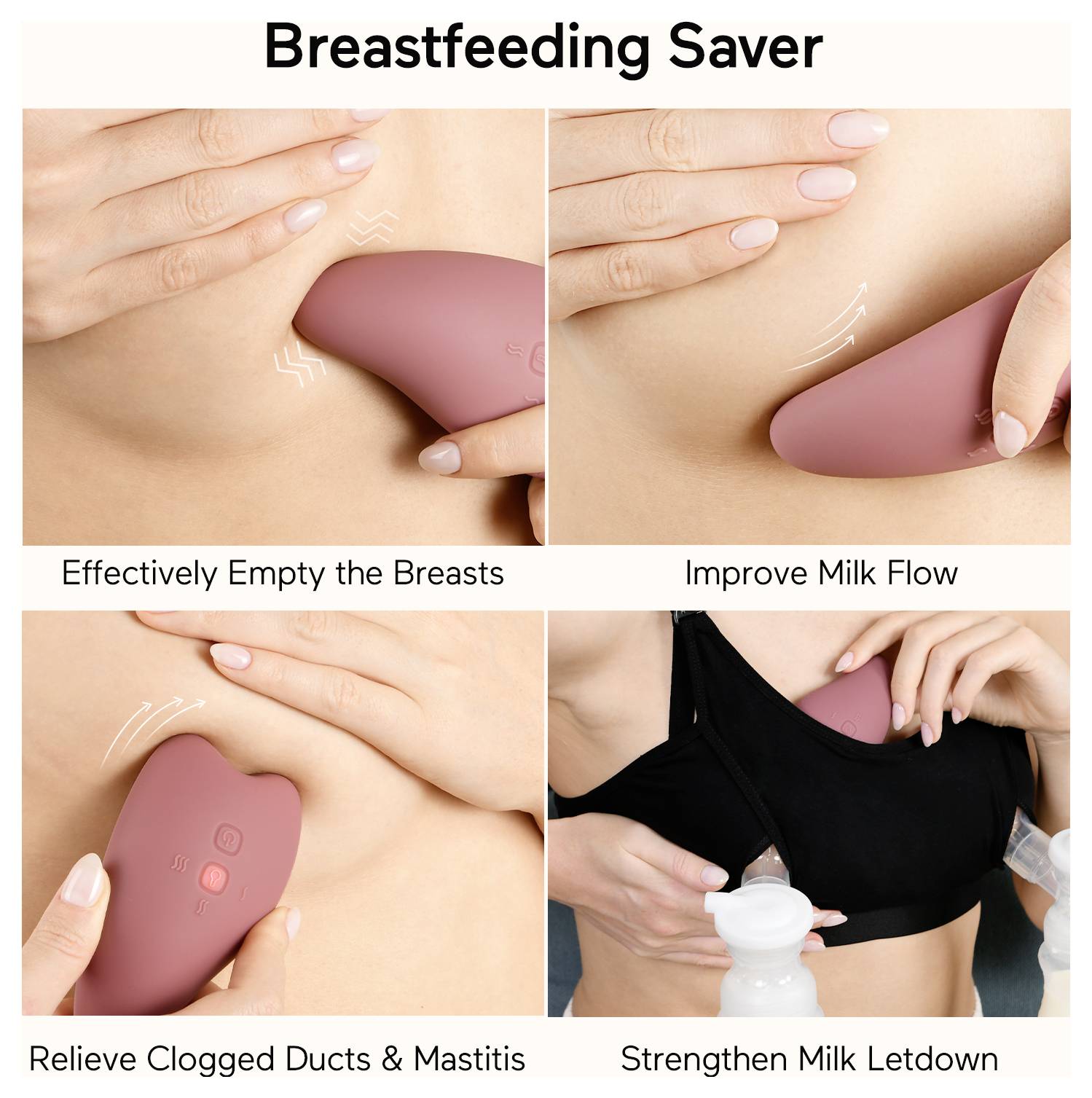 Das Gerät 'Breastfeeding Saver' wird in vier Bildern dargestellt, wie es Milchgänge reinigt, den Milchfluss verbessert und den Milchspendereflex unterstützt.