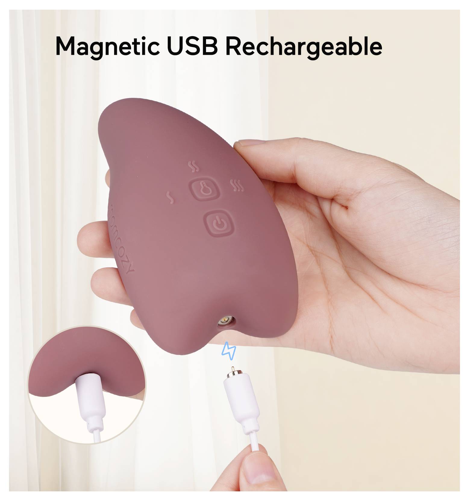 Eine Hand hält ein burgunderrotes Gerät mit Kontrollknöpfen, beschriftet mit ‚Magnetisch USB aufladbar.' Eine Detailansicht zeigt einen USB-Ladeanschluss in unmittelbarer Nähe.