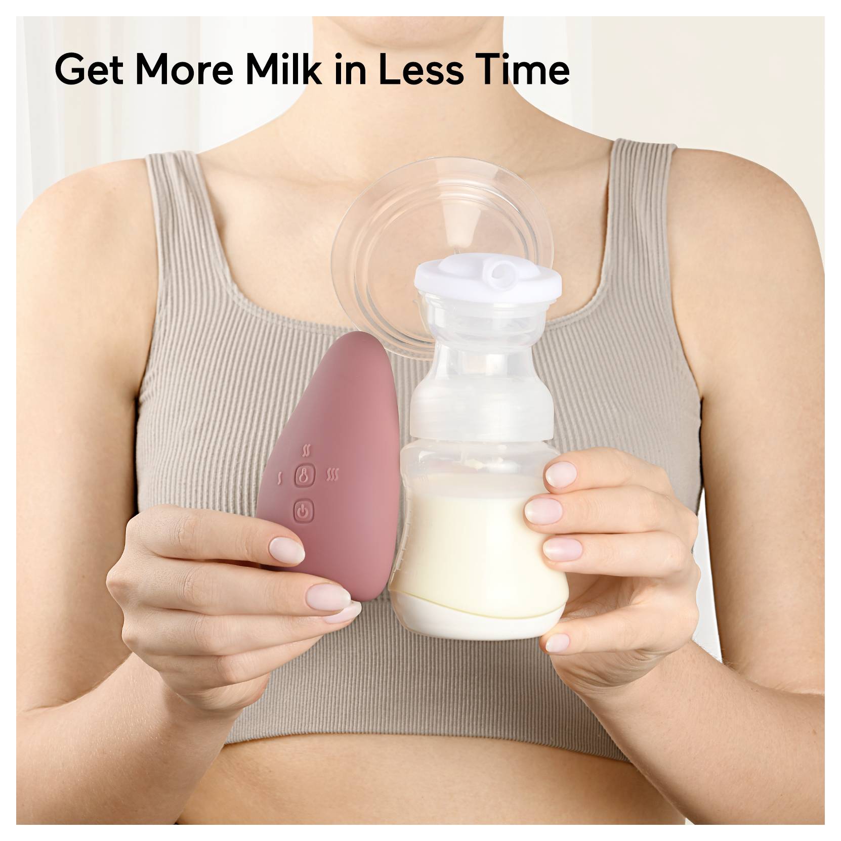 Eine Person mit einer Milchpumpe und einem Milchbehälter, die das Abpumpgerät zeigt. Text oben liest sich: "Mehr Milch in weniger Zeit"