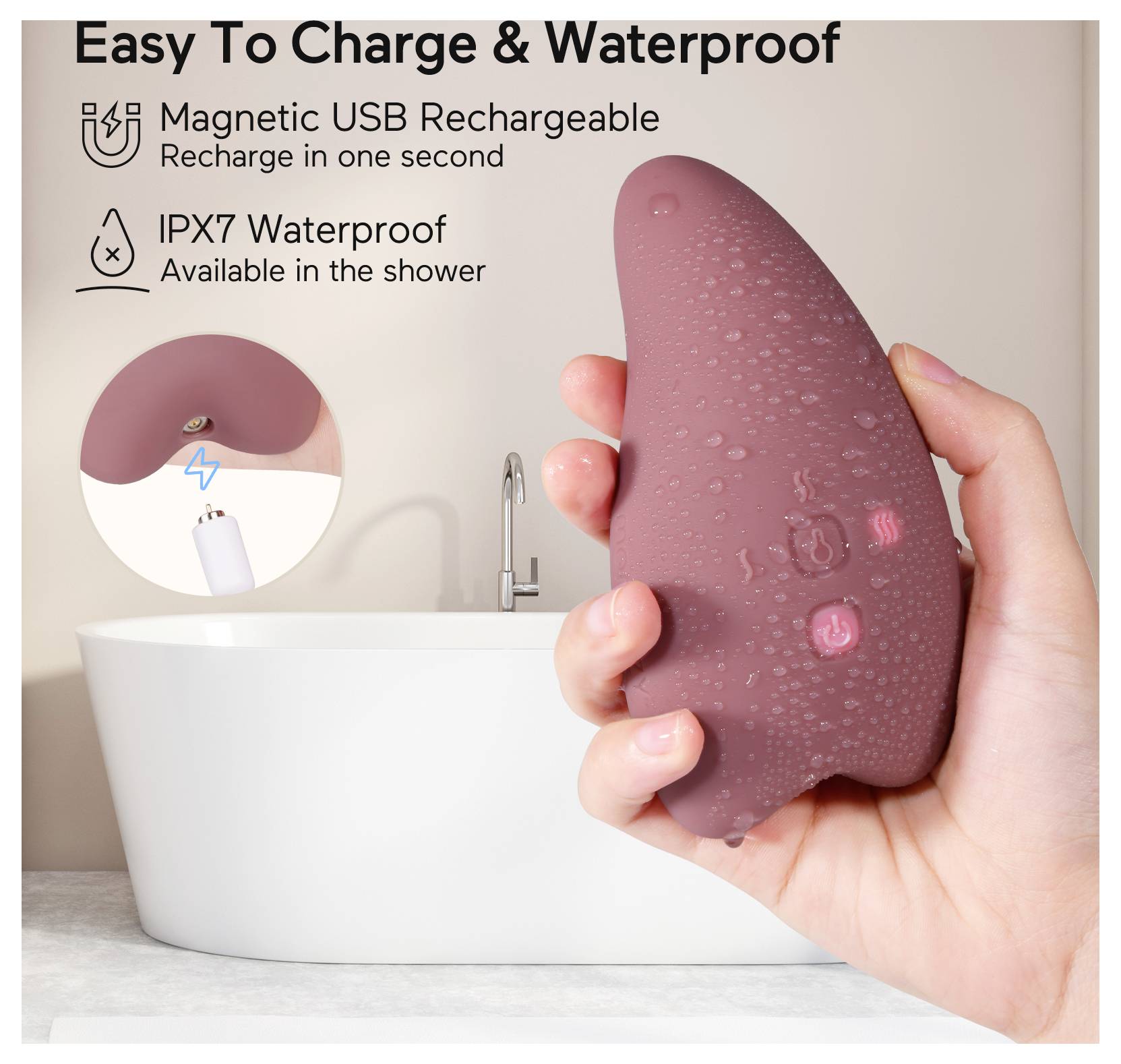 Eine Hand, die ein wasserdichtes, magnetisches, per USB aufladbares Gerät hält, mit einer Badewanne im Hintergrund. Der Text hebt seine schnelle Aufladung und Eignung für die Dusche hervor.
