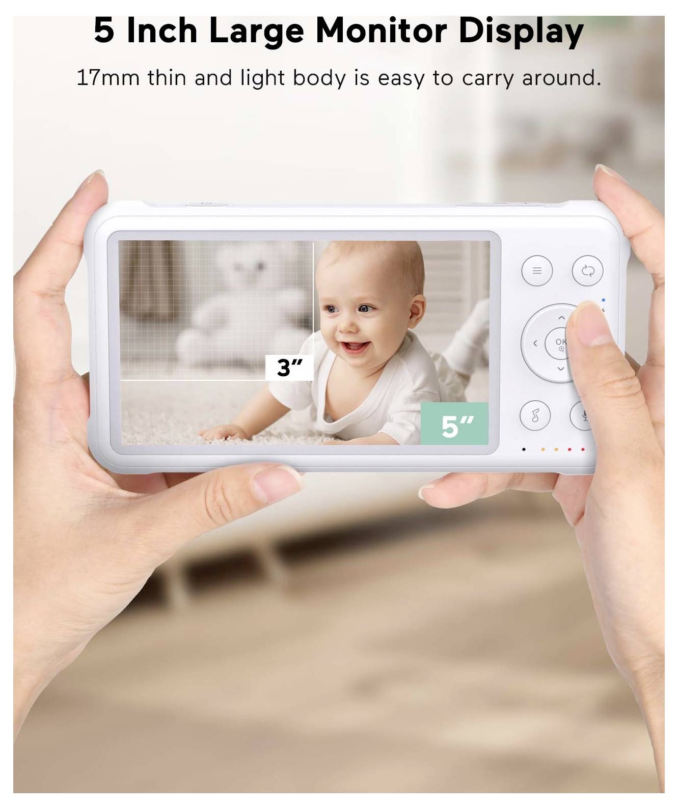 Hände halten einen tragbaren 5-Zoll-Babymonitor, der ein lächelndes Baby zeigt. Text hebt die große 5-Zoll-Bildschirmanzeige und Transportfähigkeit hervor.