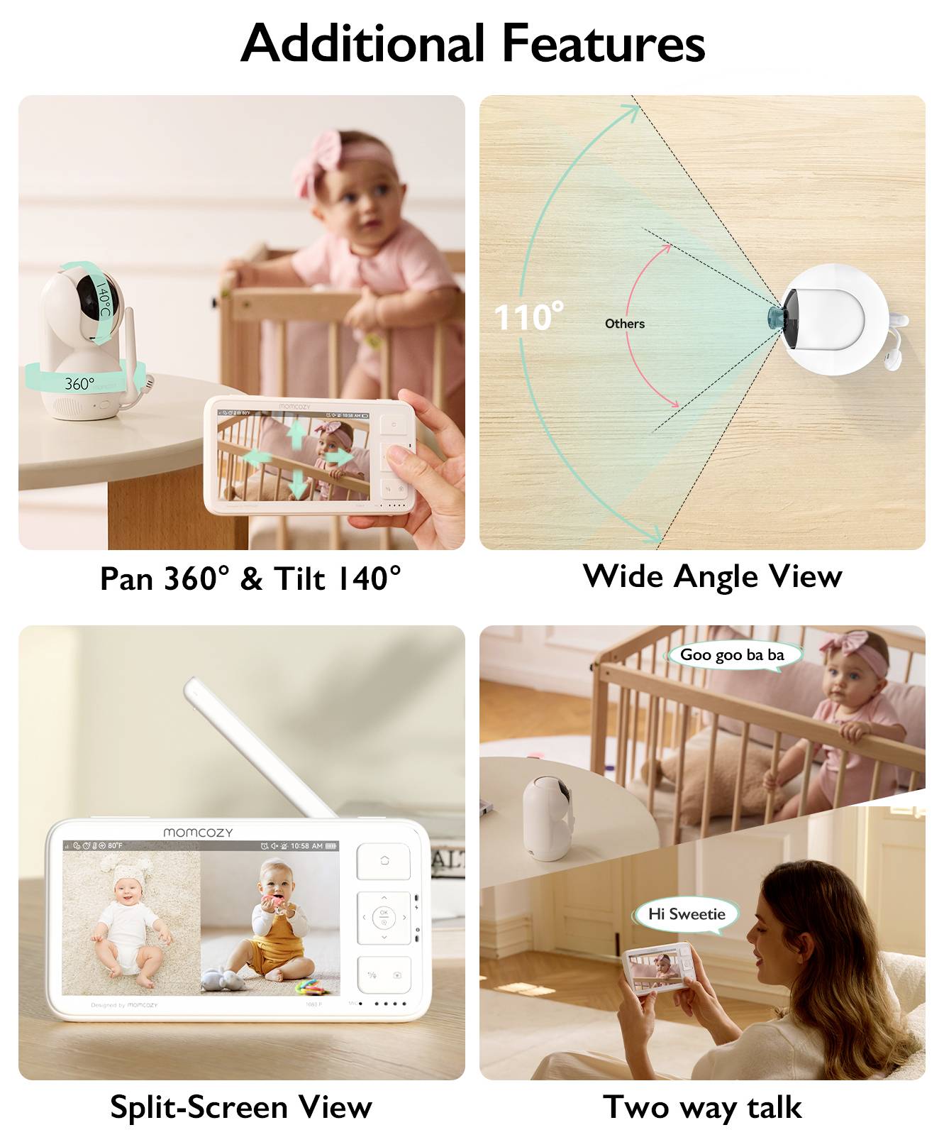 Das Bild zeigt vier Funktionen eines Babyphones: ‚Pan 360° & Tilt 140°' mit einer rotierenden Kamera, ‚Weitwinkelansicht' von 110°, ‚Split-Screen-Ansicht', die zwei Babys zeigt, und ‚Zweiwege-Kommunikation' mit einer Person, die ‚Hallo Schätzchen' sagt.