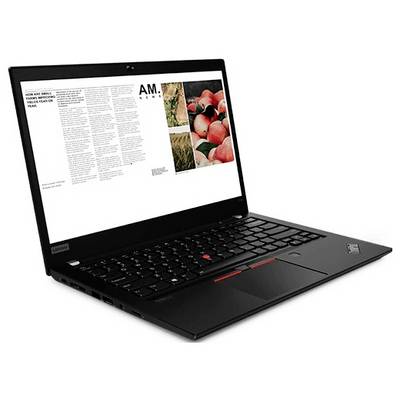 Ein schwarzer Laptop mit einem Magazin-Layout auf dem Bildschirm, das Text und Bilder von Früchten zeigt; die Tastatur beinhaltet einen roten Pointing Stick.