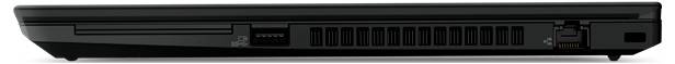Seitenansicht eines geschlossenen schwarzen Laptops mit Blick auf die Lüftungsschlitze und Anschlüsse.