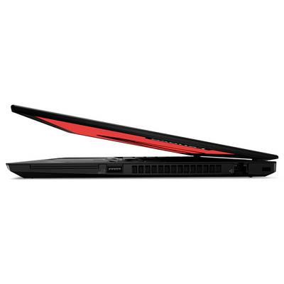 Ein teilweise geöffneter schwarzer Laptop, von der Seite betrachtet, mit einem dünnen Profil und einem roten Design auf der Innenfläche.