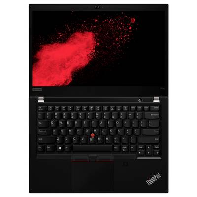Ein schwarzer Laptop mit einem roten Spritzdesign auf dem Bildschirm, der eine Tastatur mit einem rot umrandeten Touchpad und der 'ThinkPad' Markenbezeichnung zeigt.