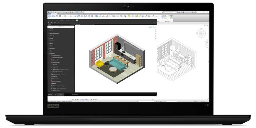 Ein Laptop-Bildschirm, der eine 3D-Architektur-Design-Software zeigt, mit einem gerenderten Raum auf der linken Seite und einer Linienzeichnung des gleichen Raums auf der rechten Seite.