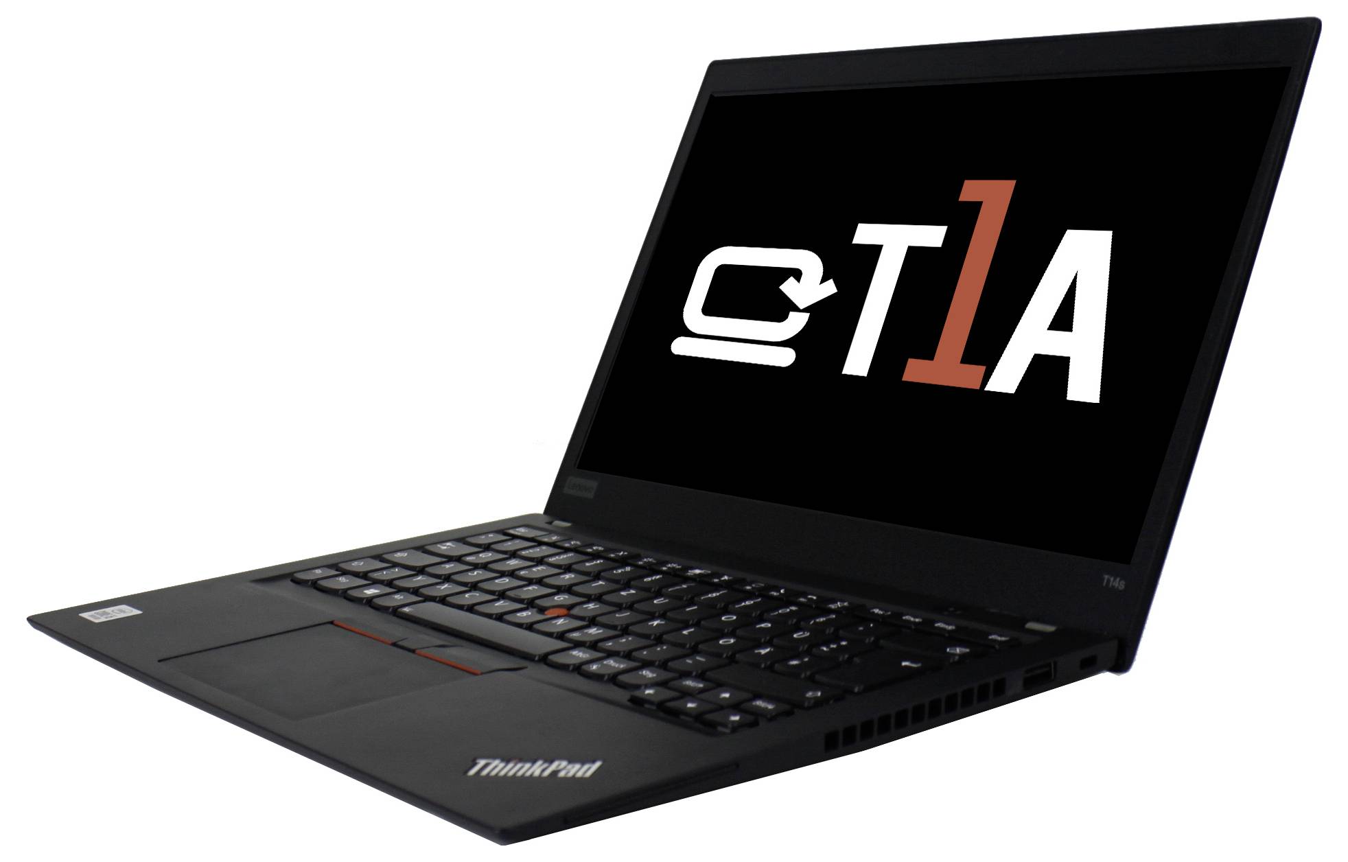 Ein Laptop mit dem CTIA-Logo auf dem Bildschirm. Der Laptop ist geöffnet und zeigt eine vollständige Tastatur mit Trackpad und rotem Pointing Stick.