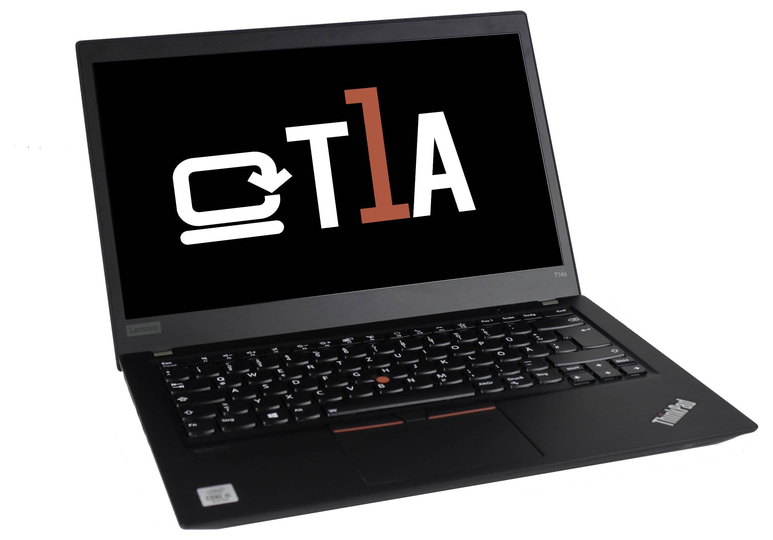 Ein Laptop, der den Text "OTLA" in fetter Schrift zeigt, mit einem stilisierten Buchstaben "O", der einem Computer-Symbol ähnelt.