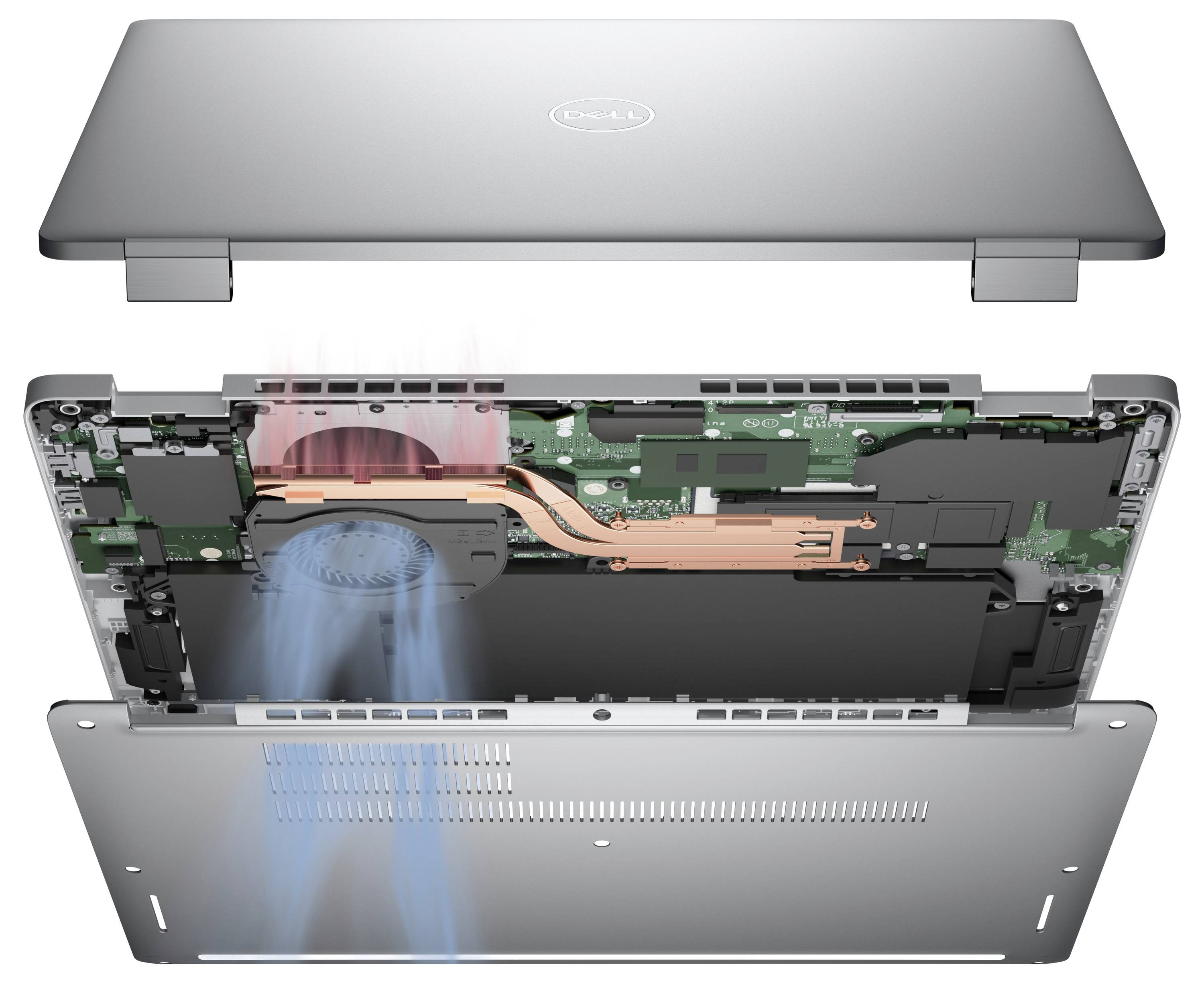 Explosionszeichnung eines Laptops zeigt interne Komponenten wie Kühlsystem, Motherboard und Akku. Pfeile zeigen die Richtung des Luftstroms an.