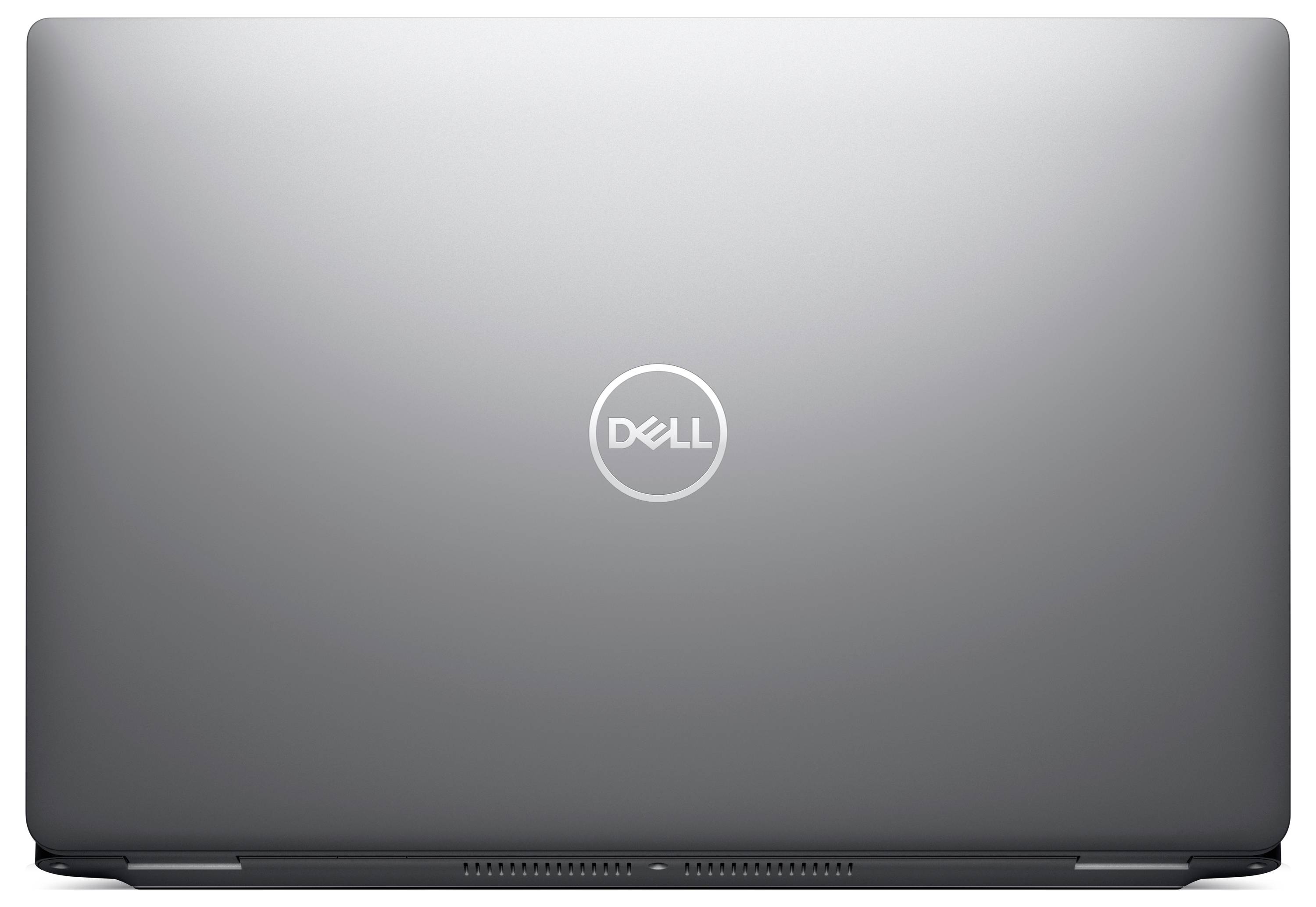 Ein geschlossener silberner Laptop mit zentriertem 'Dell'-Logo auf dem Deckel.