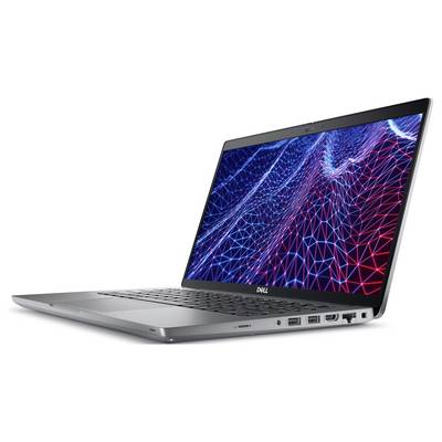 Ein schlankes graues Laptop mit einem leuchtenden Bildschirm, auf dem rote und blaue geometrische Linien zu sehen sind.