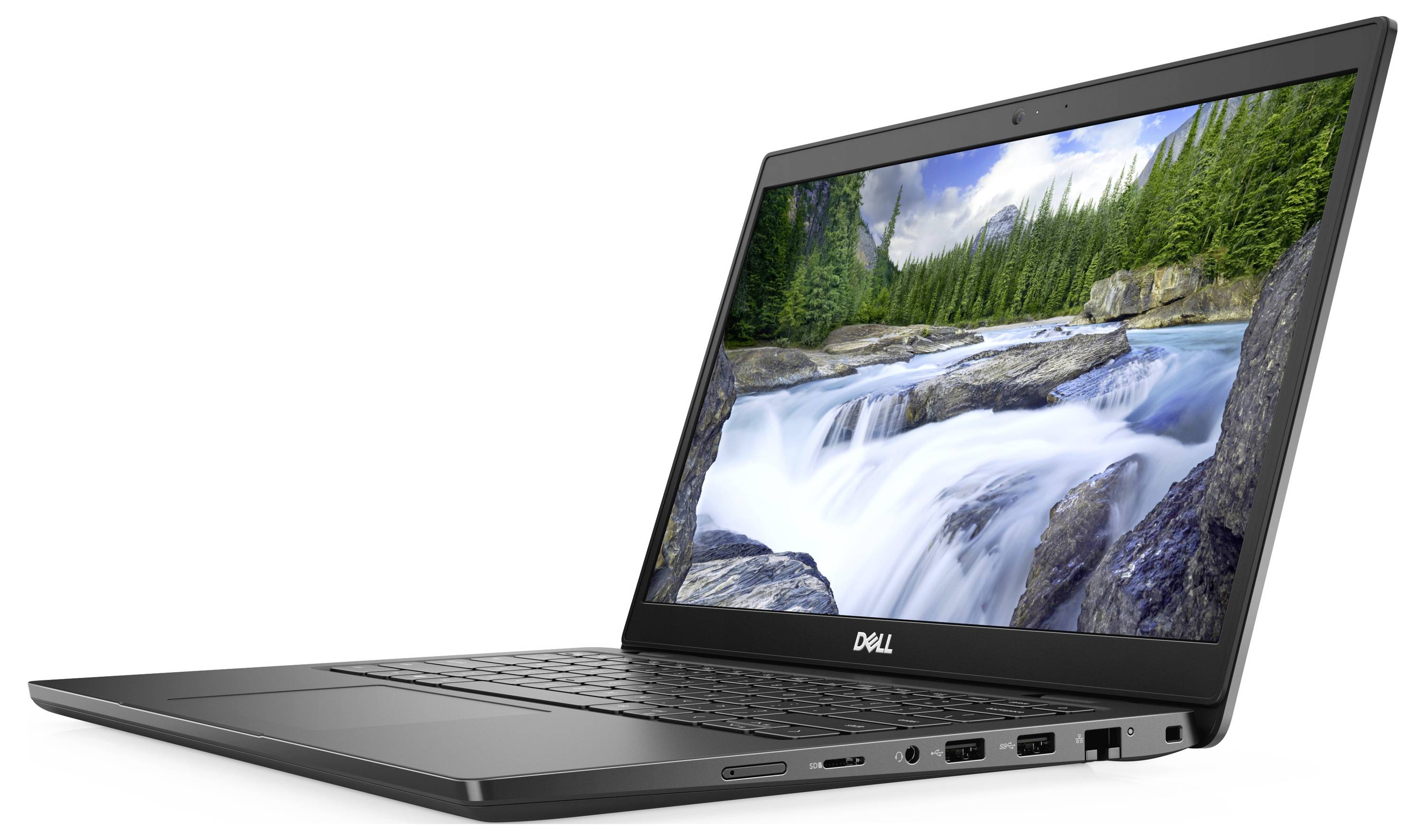 Ein schlanker Laptop, der eine lebendige Naturszene auf dem Bildschirm zeigt, mit einem Fluss und Wald. Der Laptop ist so gewinkelt, dass sein schmales Design optimal zur Geltung kommt.