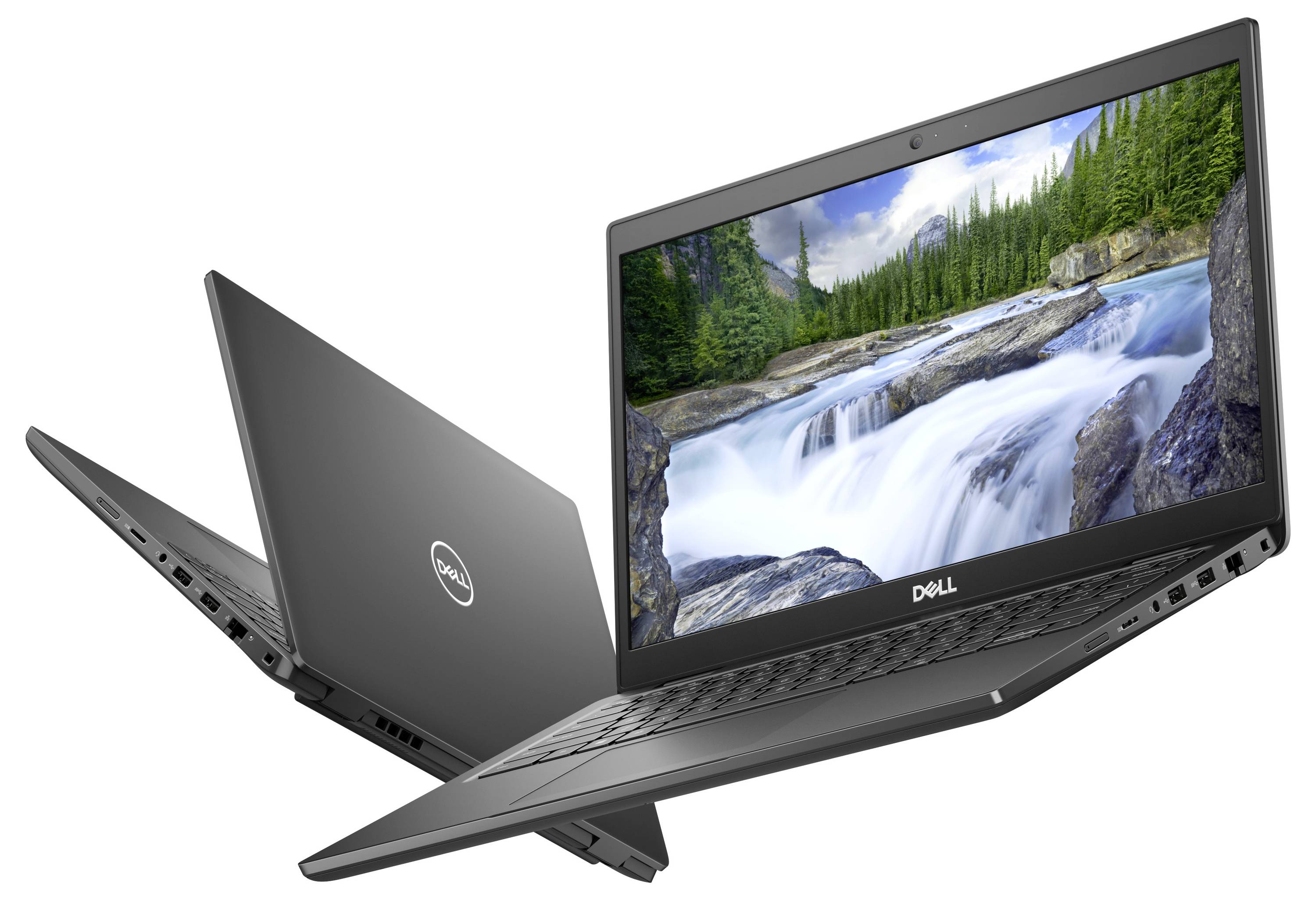 Zwei schwarze Dell-Laptops, einer geöffnet mit einem Wasserfall und Wald auf dem Bildschirm, der andere geschlossen, wobei das schlichte Design und die Anschlüsse hervorgehoben werden.