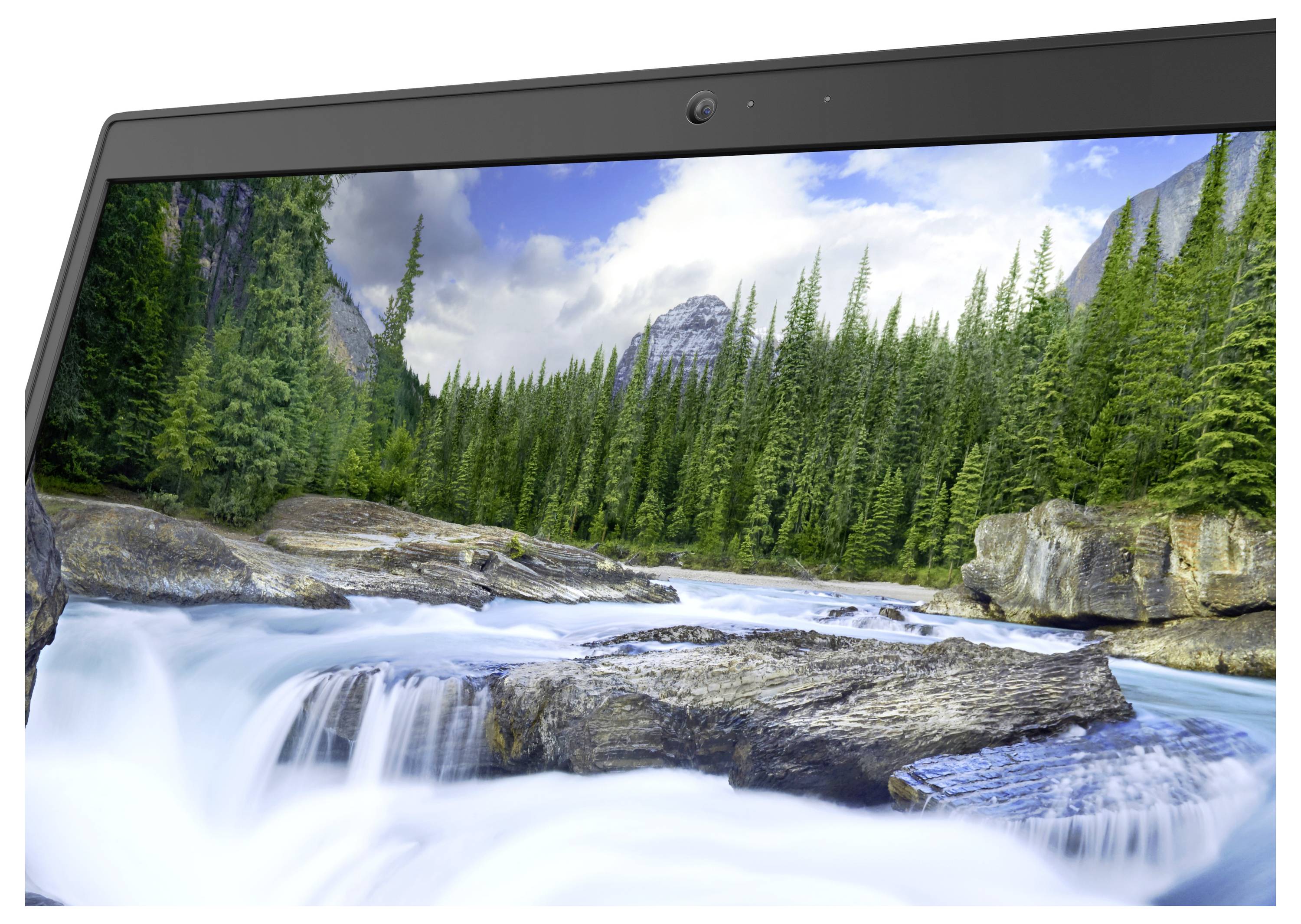 Ein Laptop-Bildschirm, der eine friedliche Waldszene mit einem fließenden Fluss, felsigen Ufern und einer Bergkulisse unter einem blauen Himmel zeigt.