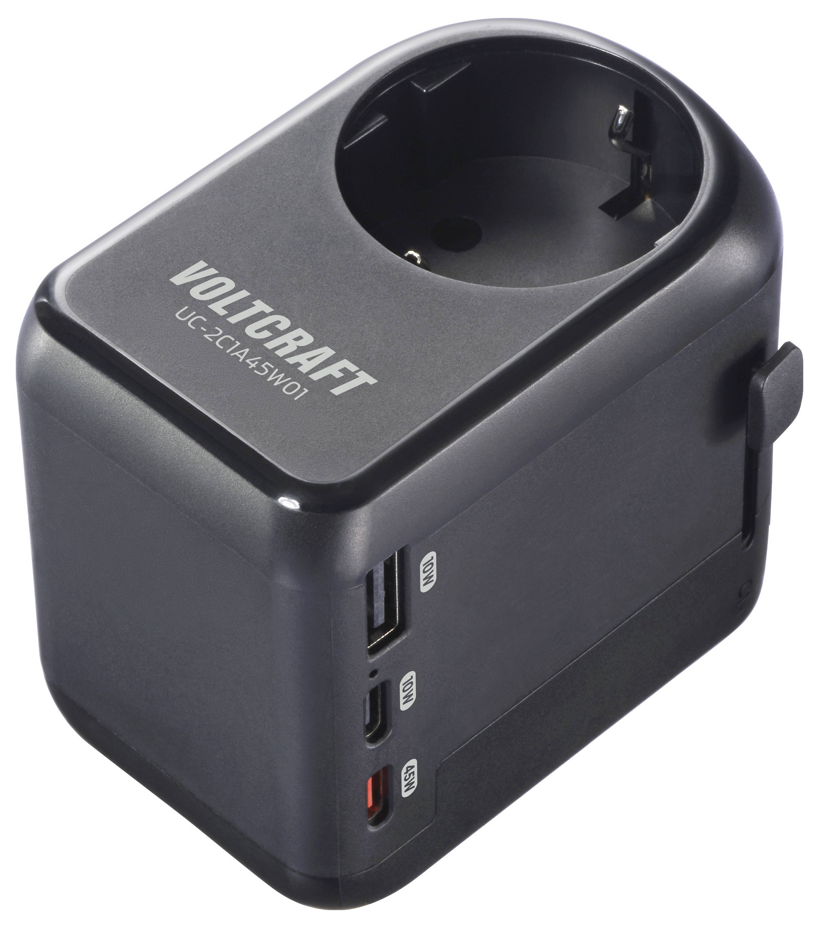 Ein schwarzes Voltcraft UC-2A45W01 Netzteil mit mehreren Anschlussoptionen, einschließlich USB und USB-C, steht aufrecht und ist einsatzbereit.