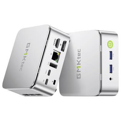 Zwei silberne Desktop-Mini-PCs von GMKtec mit verschiedenen sichtbaren Anschlüssen, darunter USB, HDMI und Ethernet, unterstreichen das kompakte Design.