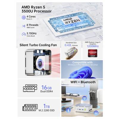 Werbung für AMD Ryzen 5 3500U Prozessor: 4 Kerne, 8 Threads, 3,7GHz Turbo. Funktionen: Silent Cooling, 16GB DDR4, 1TB NVMe. Windows/Linux.