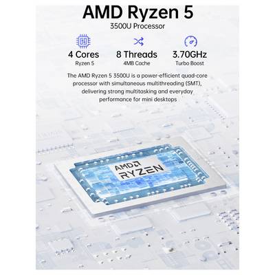 'Bild der AMD Ryzen 5 3500U Prozessor-Details: 4 Kerne, 8 Threads, 3,70 GHz Turbo-Boost, 4 MB Cache. Entwickelt für Multitasking und Desktop-Performance.'