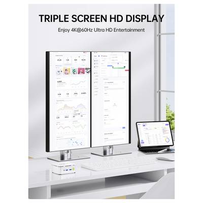 „Triple Screen HD Display" zeigt zwei vertikale Monitore mit Diagrammen und ein Tablet auf einem Schreibtisch und bewirbt 4K@60Hz Ultra HD Unterhaltung.