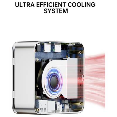 Ein offenes silbernes Gerät mit einem internen Kühlventilator, der roten Luftstrom ausstößt, mit dem Text „ULTRA EFFICIENT COOLING SYSTEM" darüber.