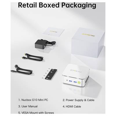 „Retail Boxed Packaging" mit einem Mini-PC, Stromversorgung mit Kabel, Benutzerhandbuch, VESA-Halterung mit Schrauben und HDMI-Kabel.