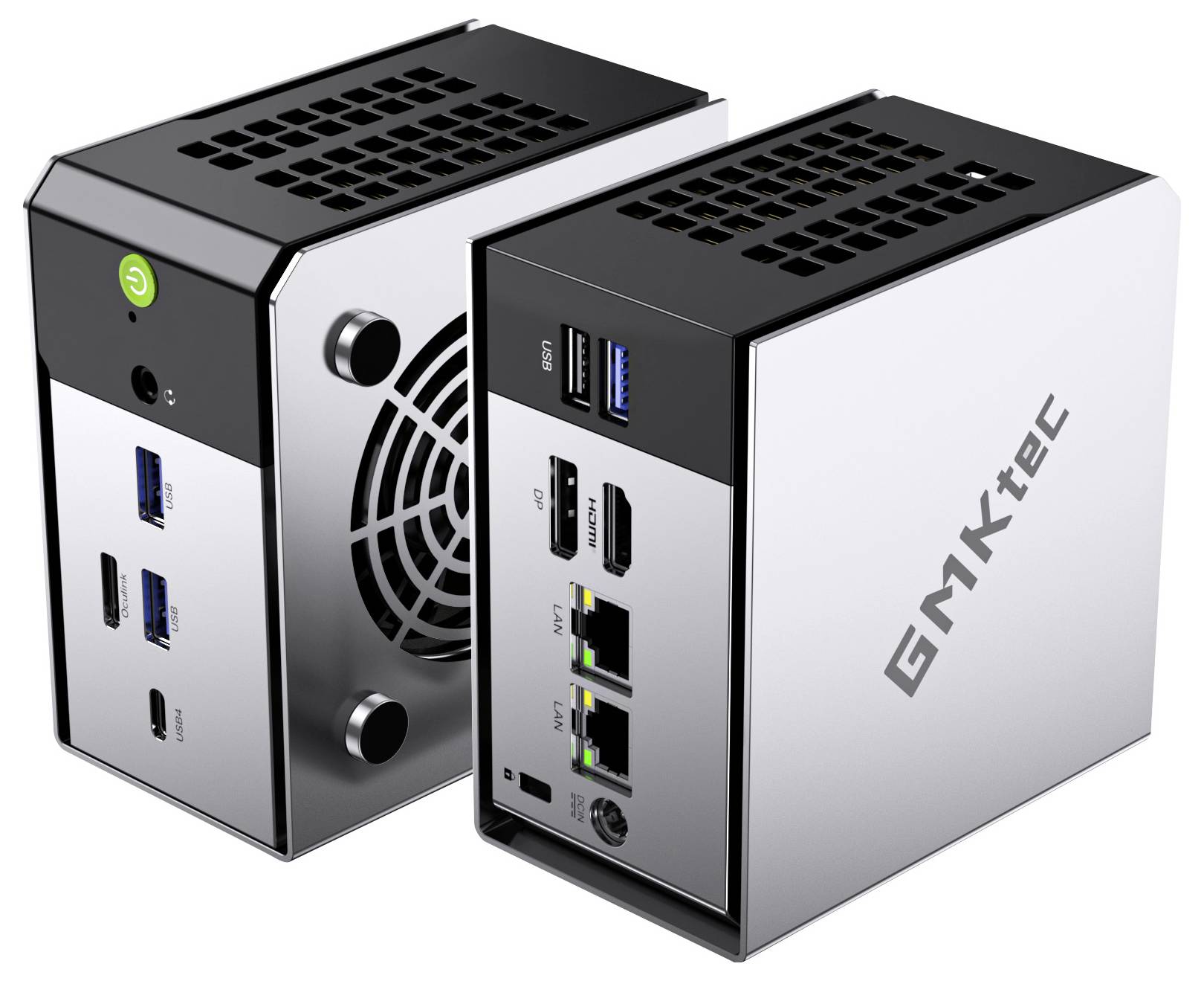 'Zwei kompakte GMKtec Mini-PCs mit USB-Anschlüssen, HDMI-Anschlüssen, Netzwerkverbindungen und sichtbaren Lüftungsventilatororen auf dem silbernen Gehäuse.'