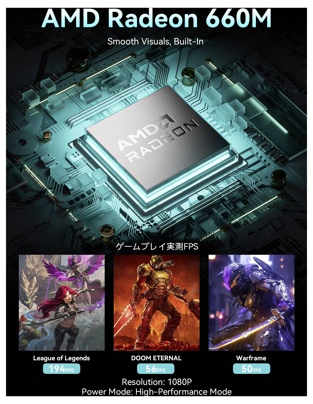'AMD Radeon 660M' Grafikkarte. Leistungsstatistiken: 'League of Legends' 194 FPS, 'DOOM ETERNAL' 56 FPS, 'Warframe' 50 FPS.