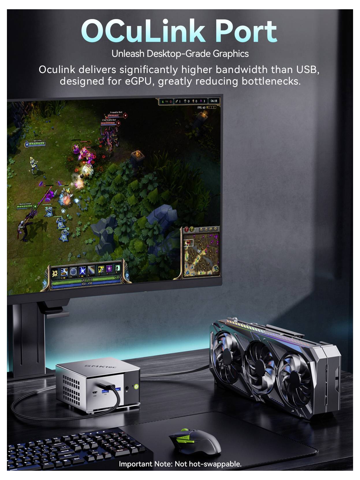 Ein Gaming-Setup zeigt "OCuLink-Anschluss: Entfesseln Sie Desktop-Grafiken". Der Monitor zeigt ein Spiel an. Der Text hebt den Bandbreitenvorteil von OCuLink hervor.