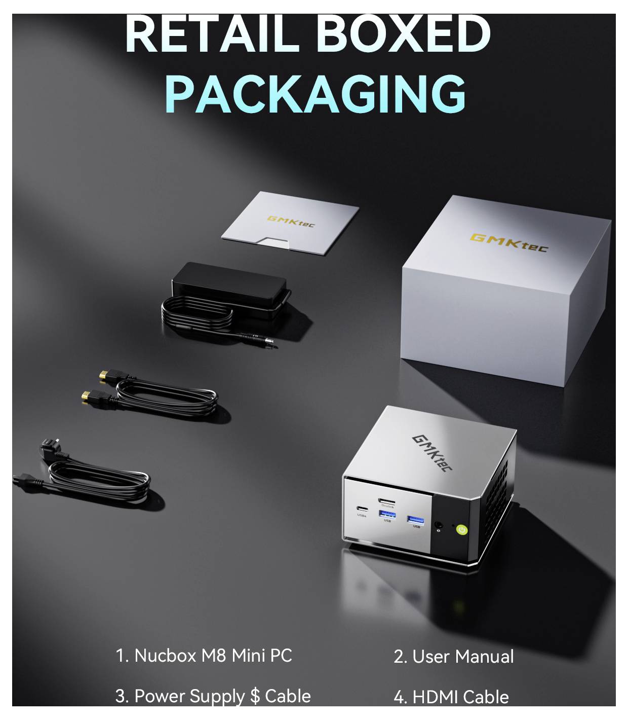 „RETAIL BOXED PACKAGING" zeigt einen Nucbox M8 Mini PC, eine Bedienungsanleitung, ein Stromversorgungskabel und ein HDMI-Kabel, die neben der Produktschachtel angeordnet sind.