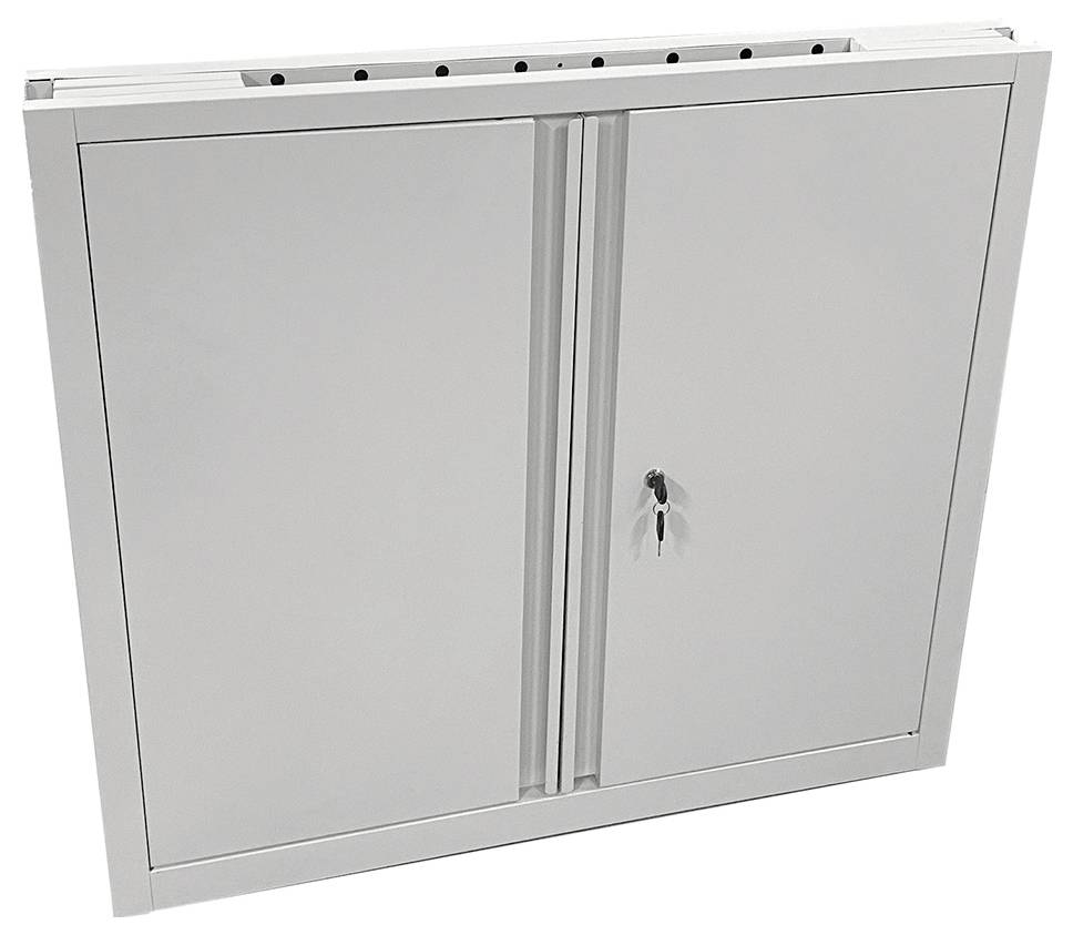 Ein Metallwandschrank mit Schloss, zwei Türen, einem Schlüsselloch und einem minimalistischen Design.