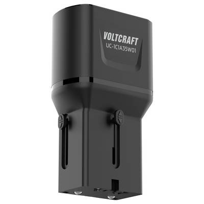 Ein schwarzes Voltcraft USB-Ladegerät mit der Modellnummer „UC-1C1A35W01" auf der Seite aufgedruckt. Es hat verstellbare Stecker für internationale Verwendung.