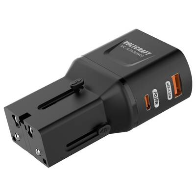 Ein schwarzes Dual-Port-USB-Ladegerät mit zwei Arten von Anschlüssen mit der Bezeichnung „PDSC" und „QC3.0", entwickelt um schnelles Aufladen für mehrere Geräte zu ermöglichen.