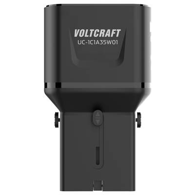 Ein schwarzes Voltcraft USB-Ladegerät mit der Bezeichnung „UC-1C1A35W01", gezeigt von vorne mit einem schlanken, kompakten Design.