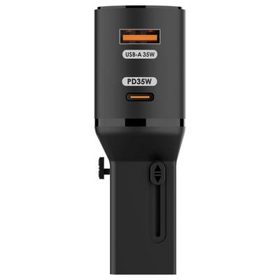 Ein schwarzes USB-Autoladegarät mit zwei Anschlüssen, beschriftet mit "USB-A 35W" und "PD35W".