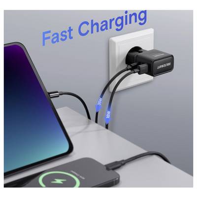 Smartphone und Gerätladevorgang über angeschlossenes Steckeradapter; Text lautet „Schnellladung" und weist auf schnelle Stromabgabe hin.