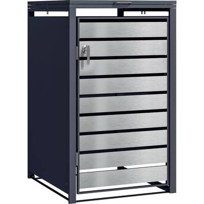 Mülleimerbehälter mit modernem Metalldesign, ausgestattet mit horizontalen Lamellen und einem Griff, eingerahmt von einem dunklen Rahmen.