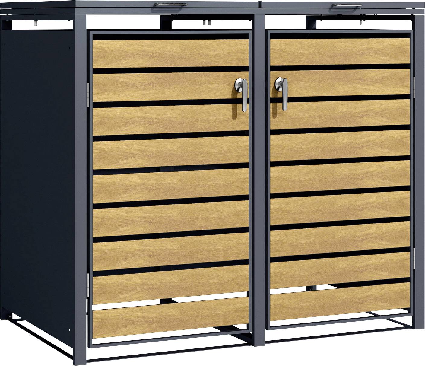 Ein zweifach unterteiltes Outdoor-Lagerhaus aus Stahl mit Holzoptik, ausgestattet mit Griffen und Belüftungsschlitzen, geeignet für Gartengeräte oder Behälter.