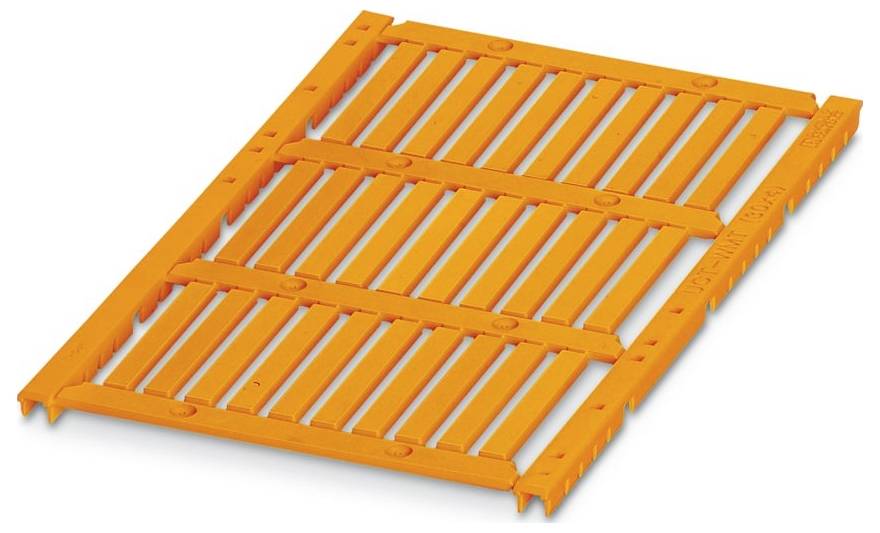 Orange-Kunststoffpalette mit parallel zueinander angeordneten Latten, gestützt durch drei horizontale Balken darunter.