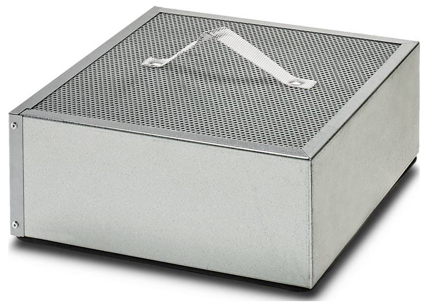 Eine durchlochte Metallbox mit einem Griff oben, wahrscheinlich eine Lüftungs- oder Luftfiltrationseinheit. Sie hat eine kubische Form und wirkt industriell.