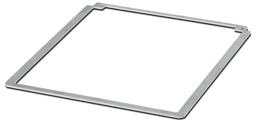 Ein dünner, metallischer quadratischer Rahmen, flach auf einer weißen Oberfläche liegend.