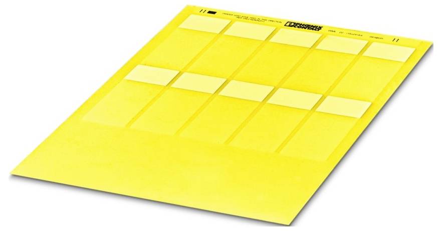 Ein gelbes Blatt mit 12 selbstklebenden Papieretikett angeordnet in einem 4x3-Raster, verwendet zum Etikettieren.