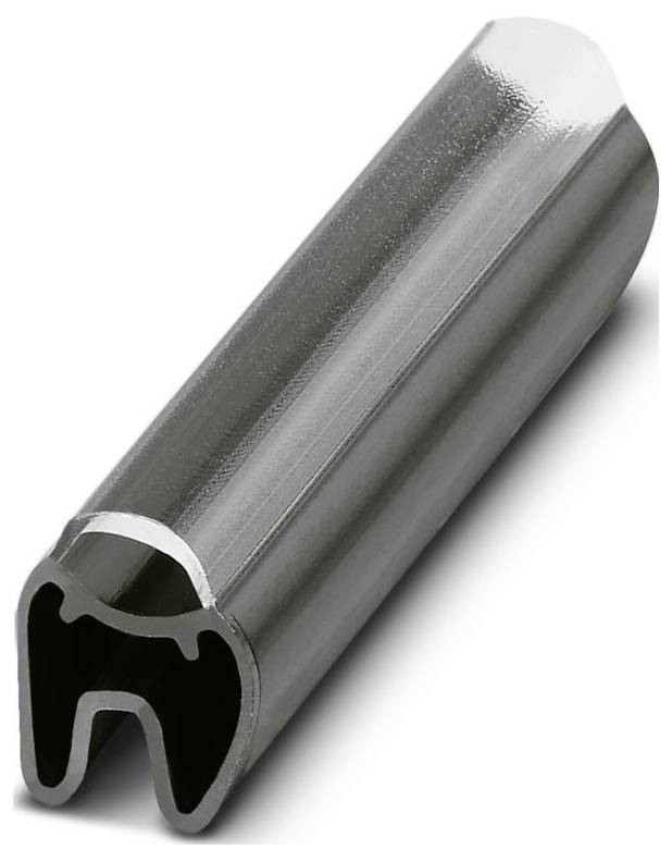 Ein Nahaufnahmebild einer metallischen, elliptischen Querschnittsstruktur mit hohlem Innenraum, das glatte, reflektierende Oberflächen zeigt.