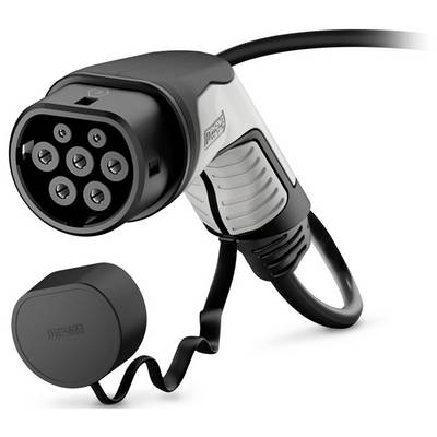 Ladestecker für Elektrofahrzeuge mit einer Schutzkappe, die durch ein Kabel befestigt ist und für gängige Ladestationen geeignet ist.