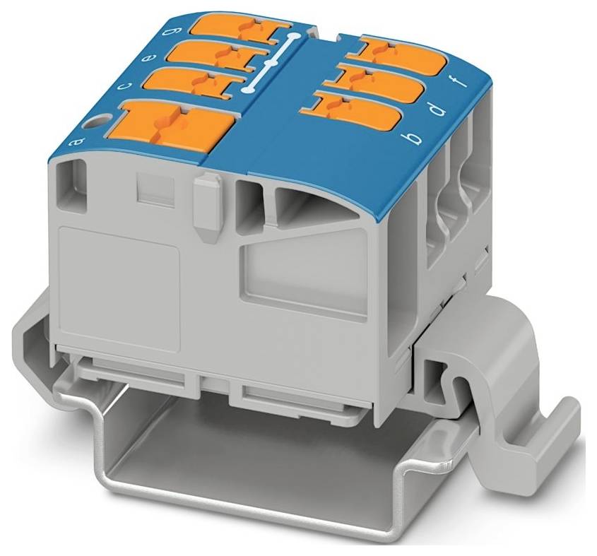 Ein violetter Klemmblock mit mehreren orangefarbenen Anschlüssen, der für Verdrahtungsanwendungen verwendet wird.