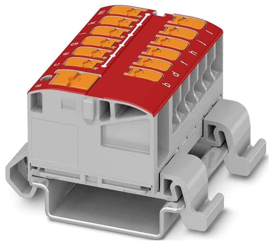 Ein grau und rot farbiger Elektrostecker mit mehreren orangefarbenen Hebeln, die mit 'a' bis 'h' beschriftet sind, konzipiert für sichere Drahtverbindungen.