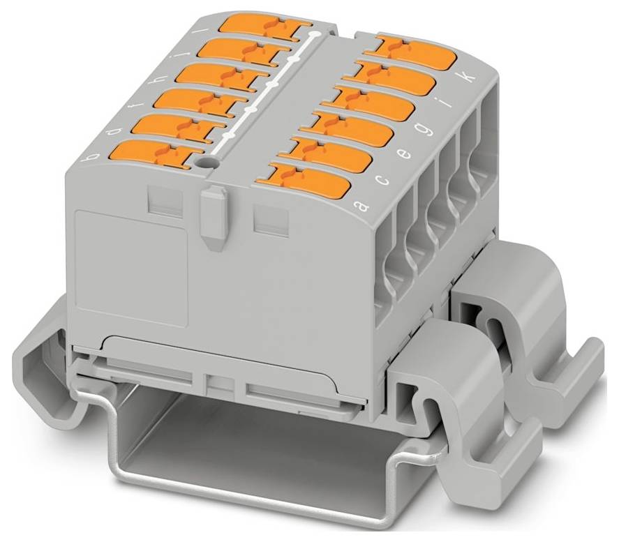 Ein grau-oranger mehrpoliger elektronischer Stecker mit beschrifteten Steckplätzen, der für sichere Kabelverbindungen in Elektrosystemen verwendet wird.